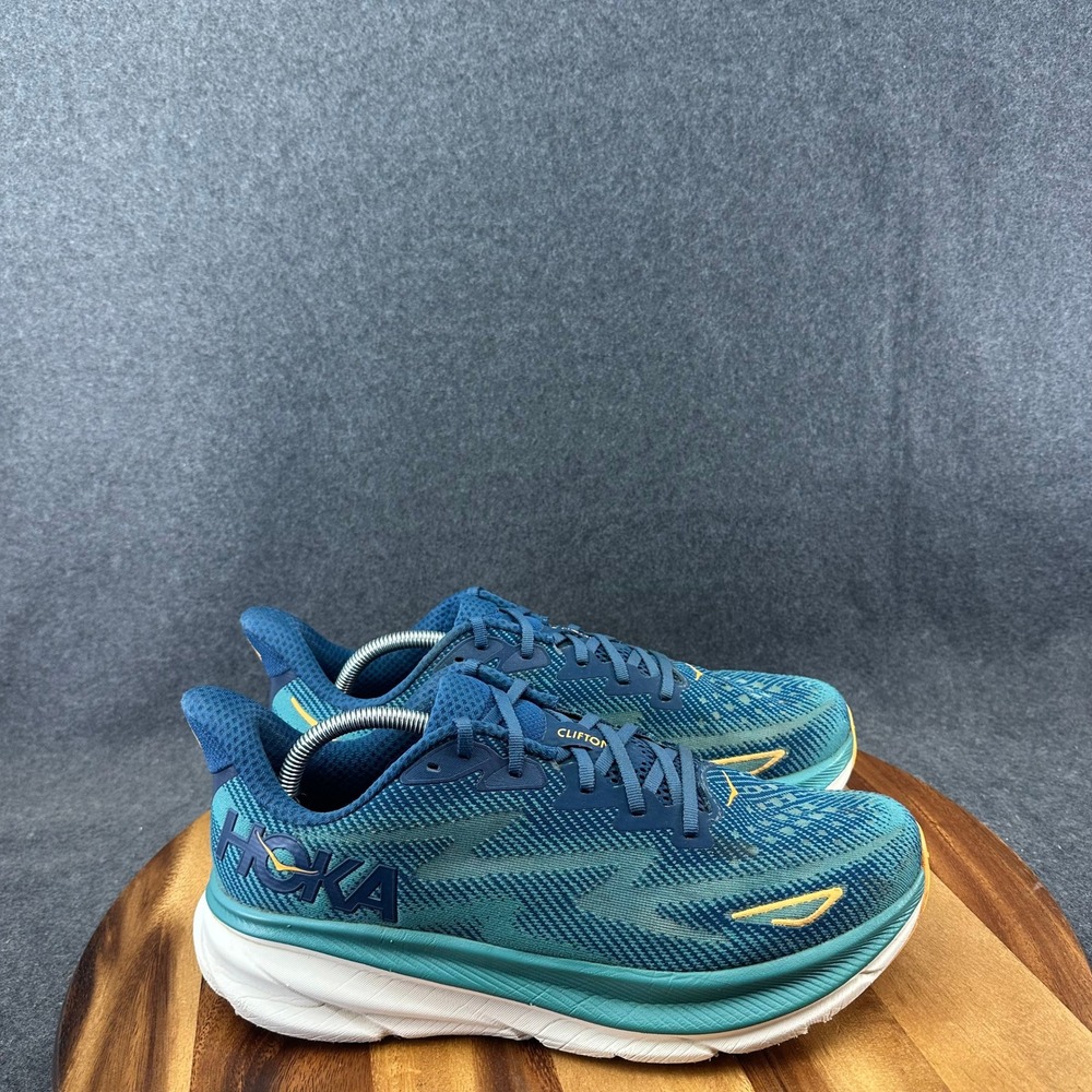 Hoka Clifton 9 Mens Sz 11D Running Shoes Teal Blue Gold Orange Sneakers 1127895